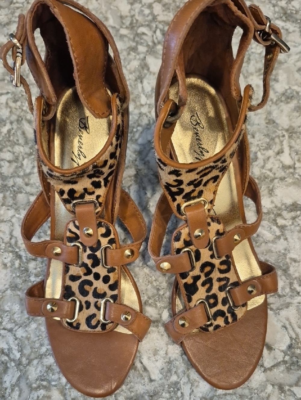 Beverly Feldman Tan Strappy Heels with Leopard-Print Panel